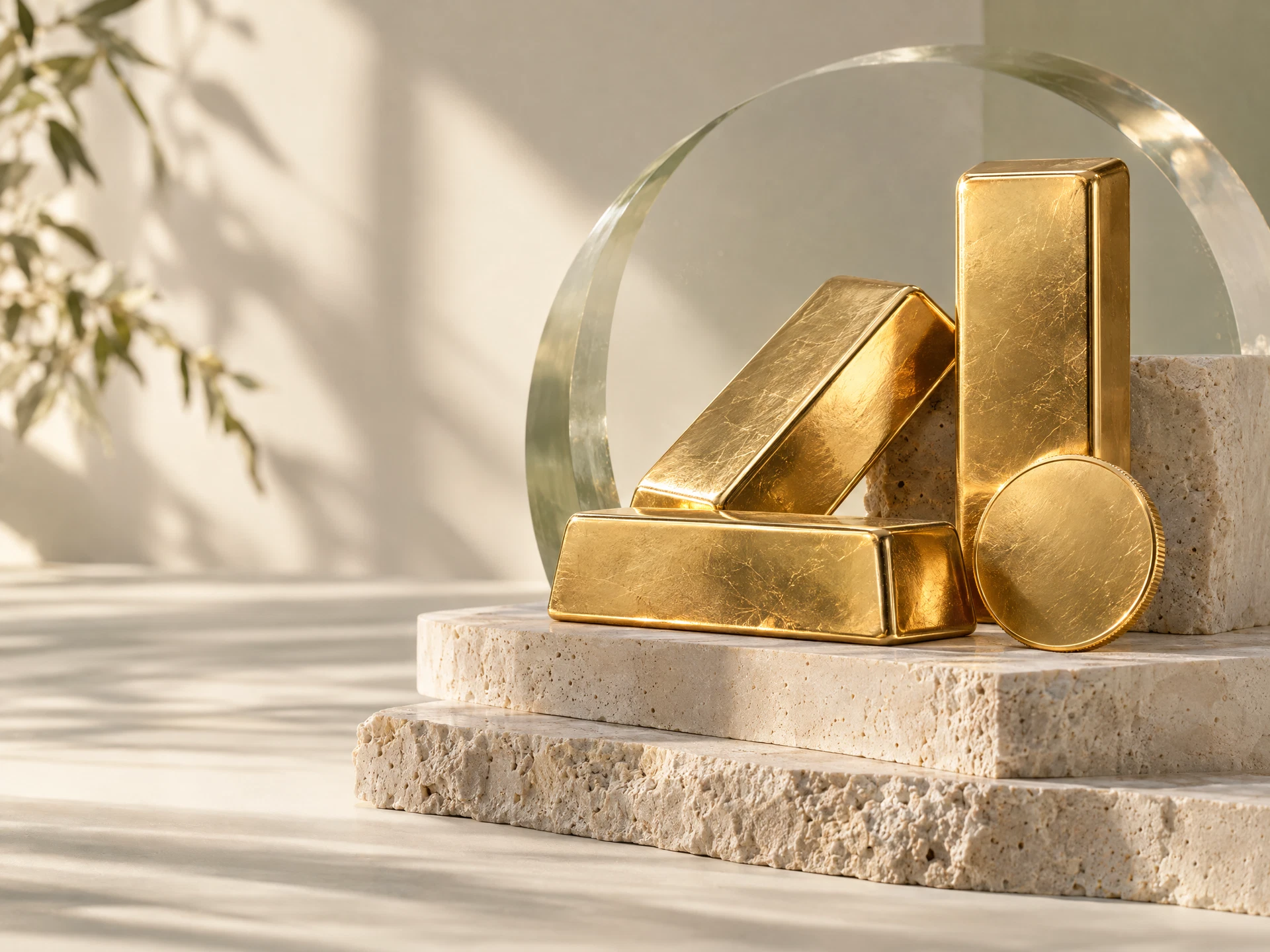 Sculptural gold bars and a coin on pale limestone, an editorial illustration