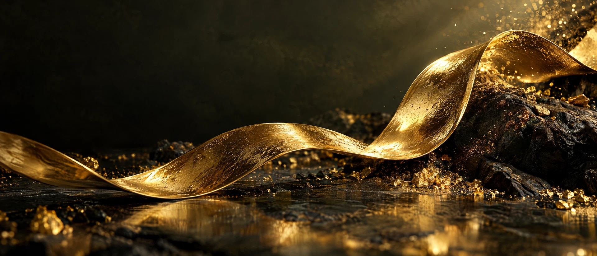 A luminous ribbon of gold against a dark olive background