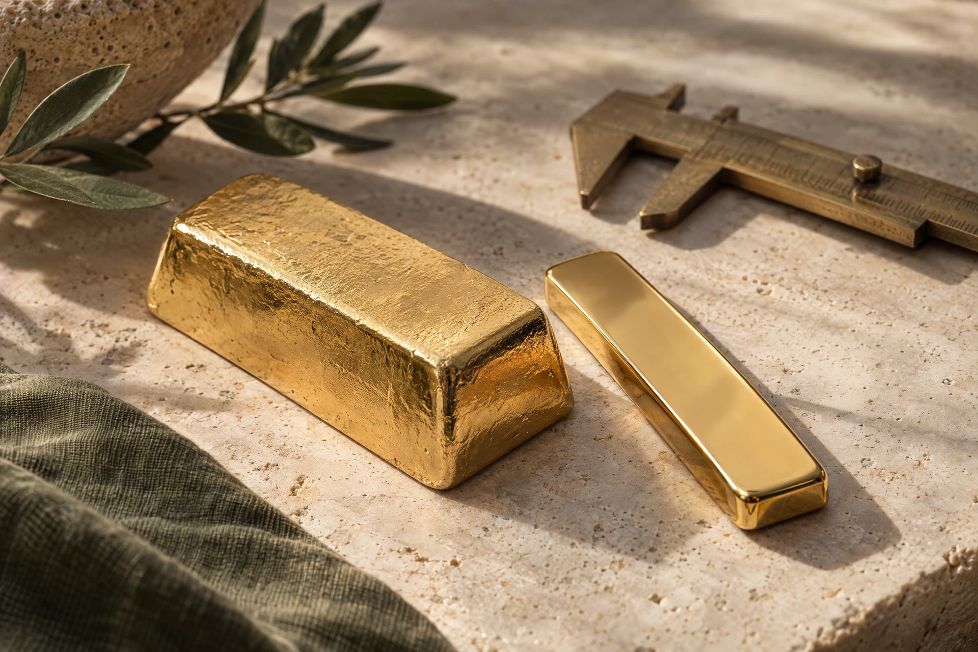 A cast and a minted gold bar on pale travertine, with a measuring caliper behind them