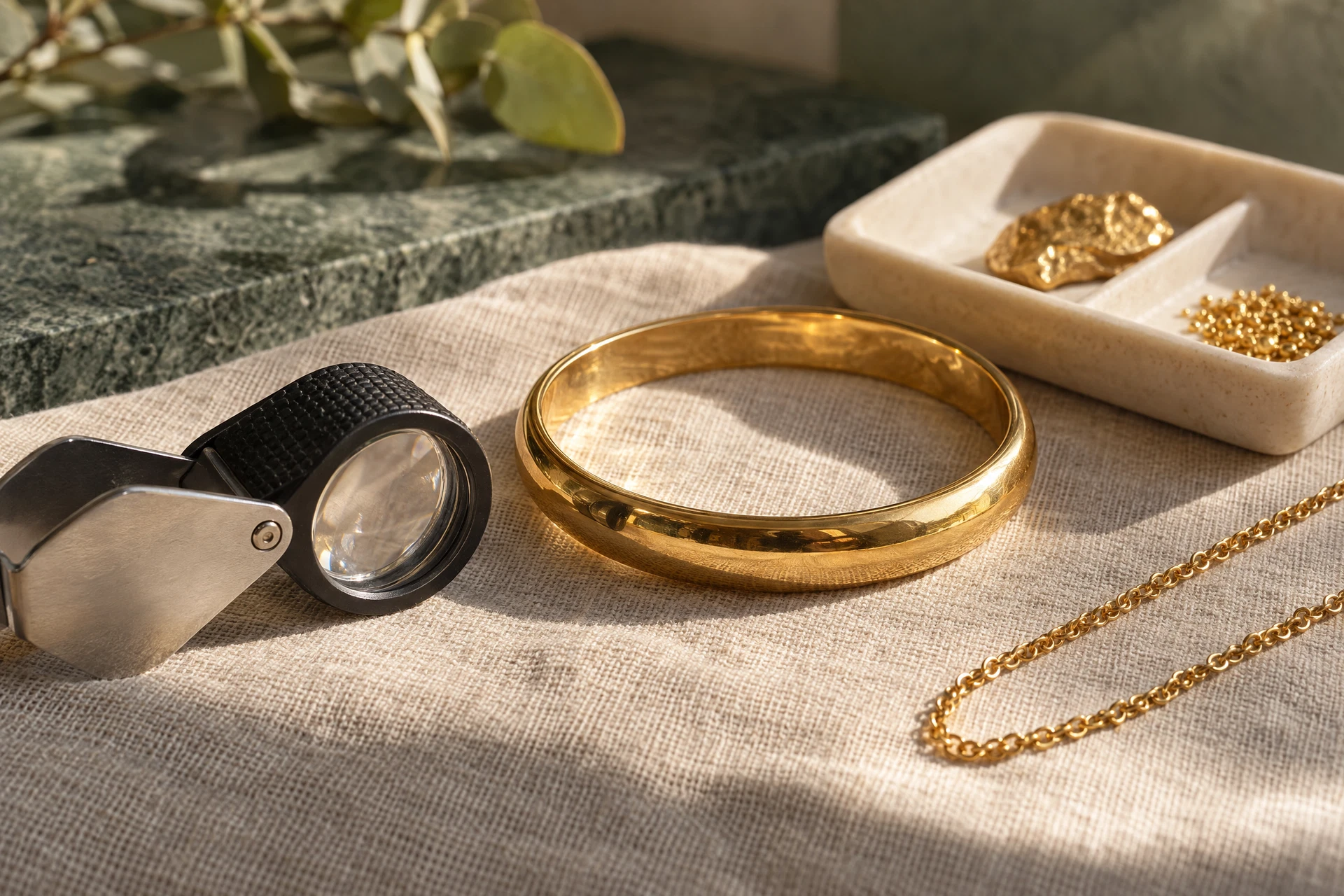 A jeweller’s magnifying loupe, gold bangle and chain on beige linen