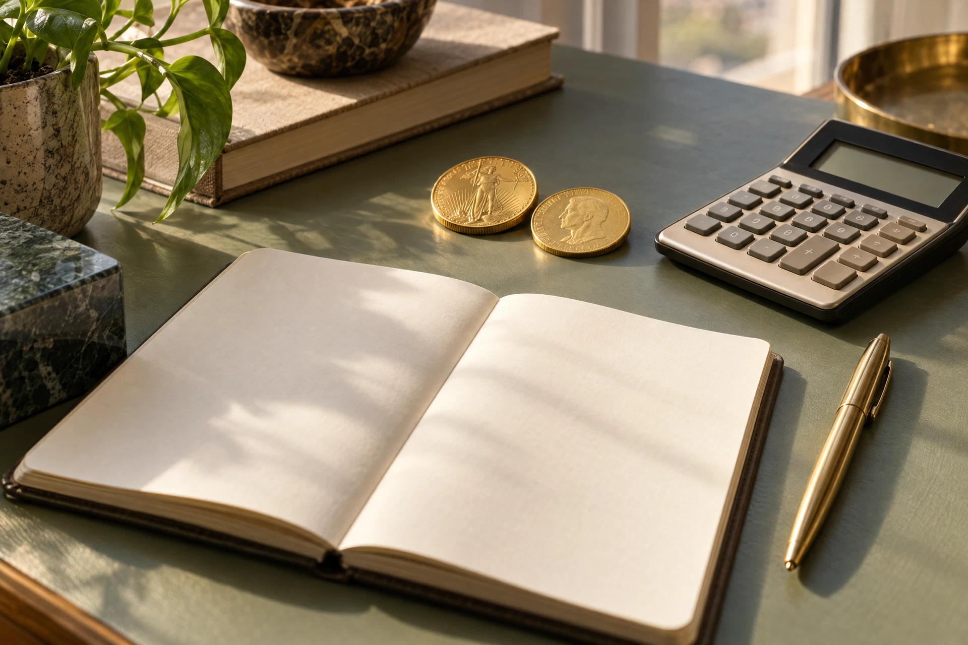 Gold coins beside a blank notebook, pen and calculator on a sage desk