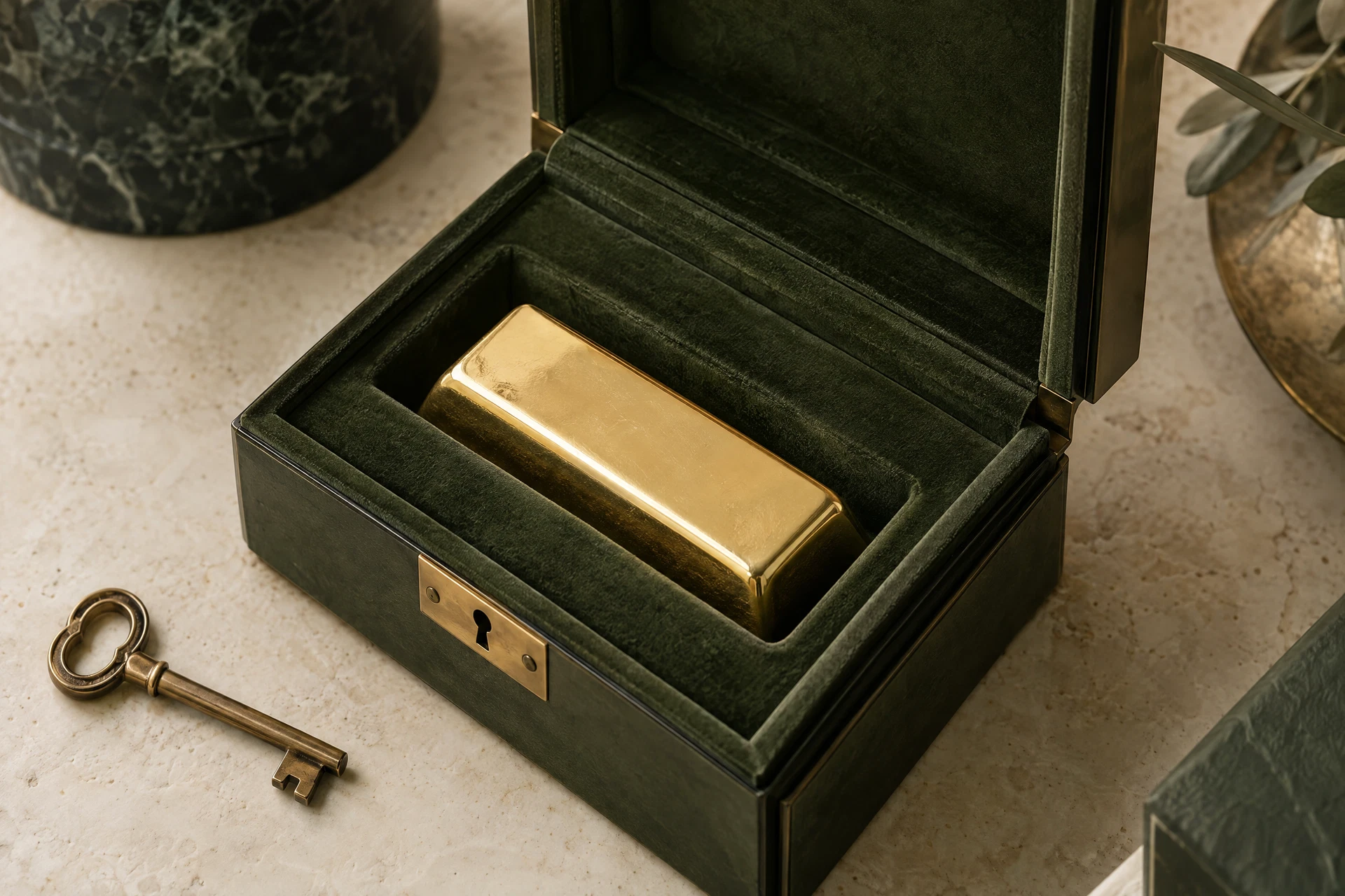 A gold ingot in an open velvet-lined deposit box, with a brass key beside it
