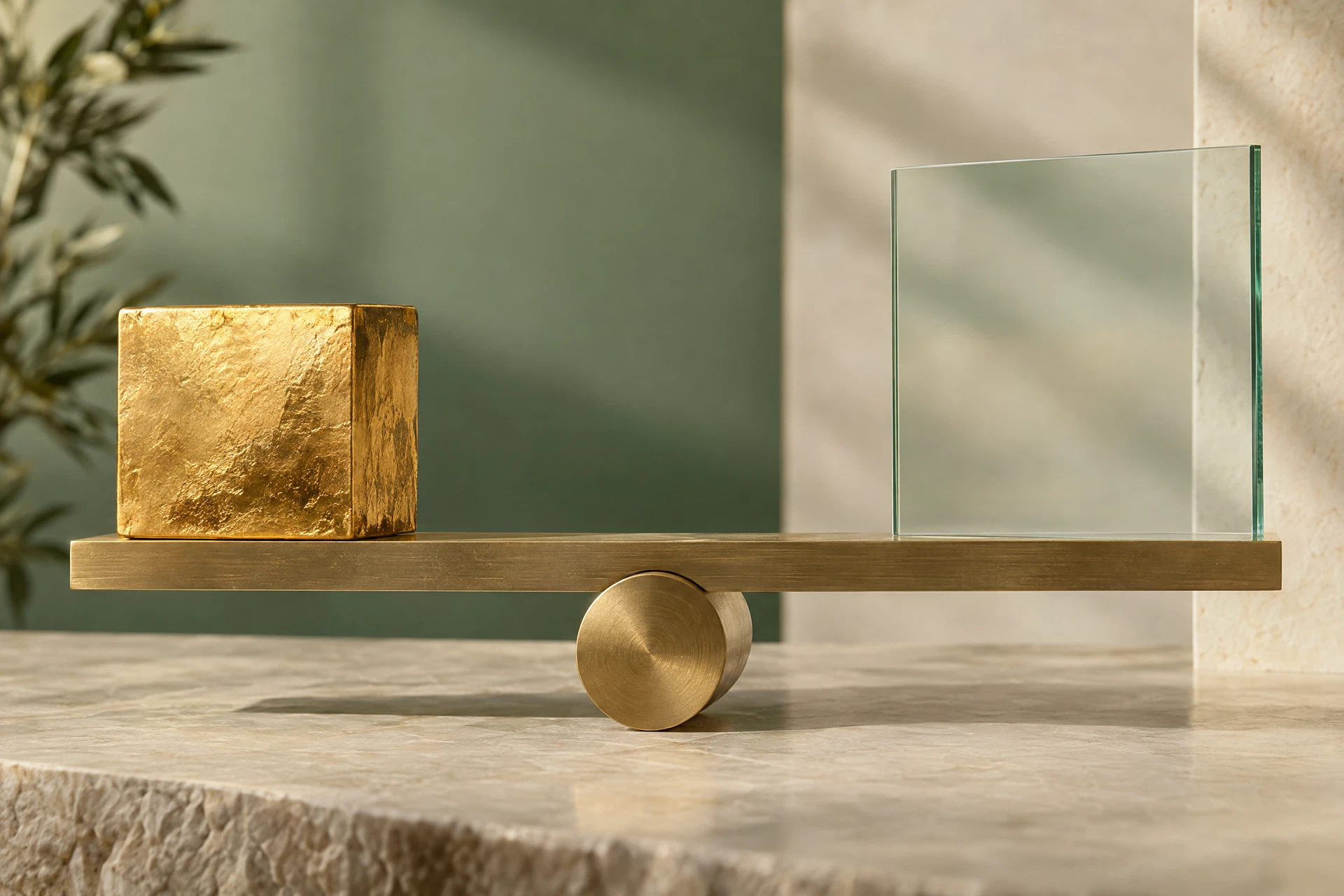 A gold cube and translucent glass plate balanced on a brass architectural beam