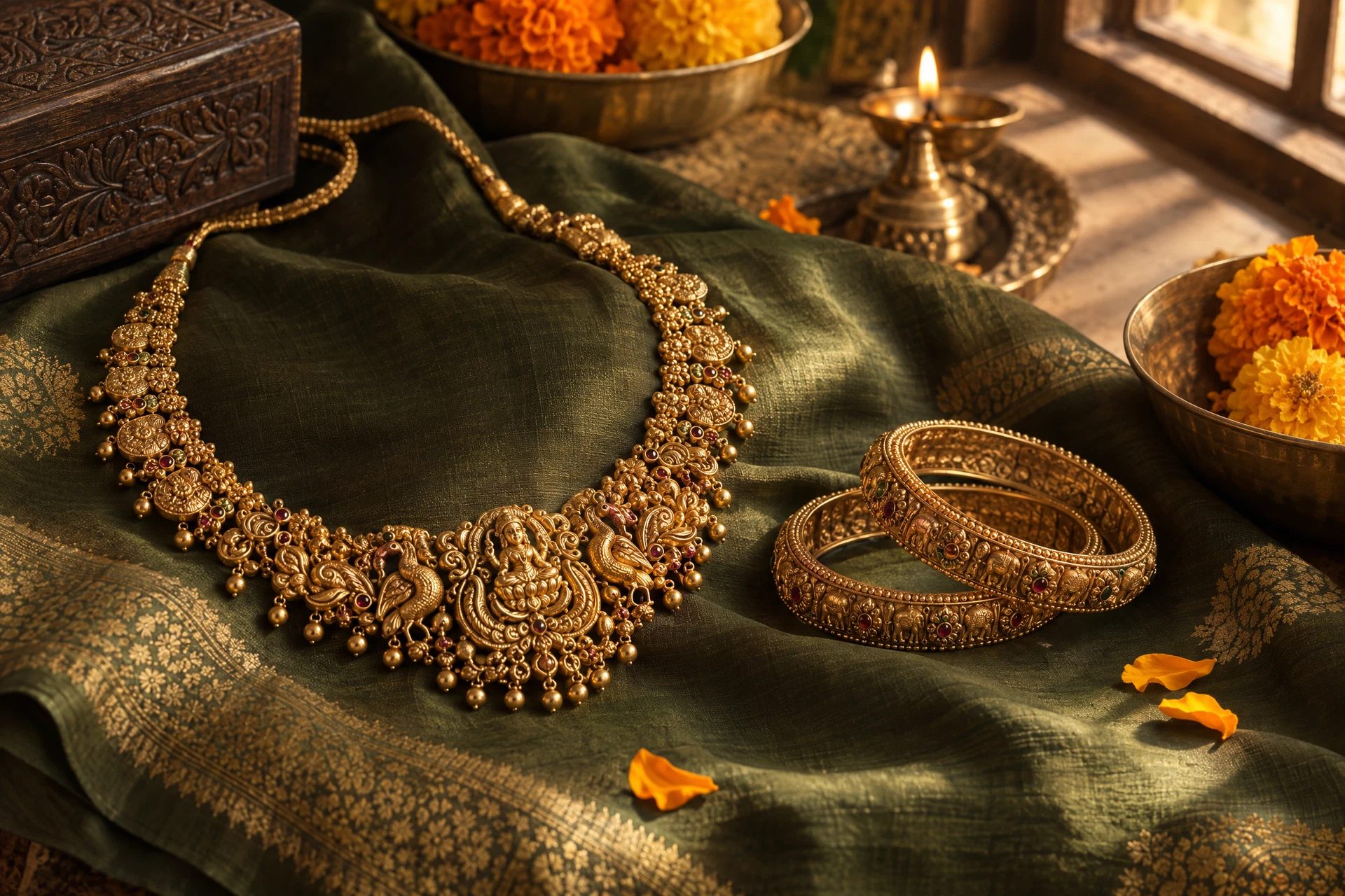 Traditional Indian gold jewellery on olive silk, with marigold petals and a brass lamp