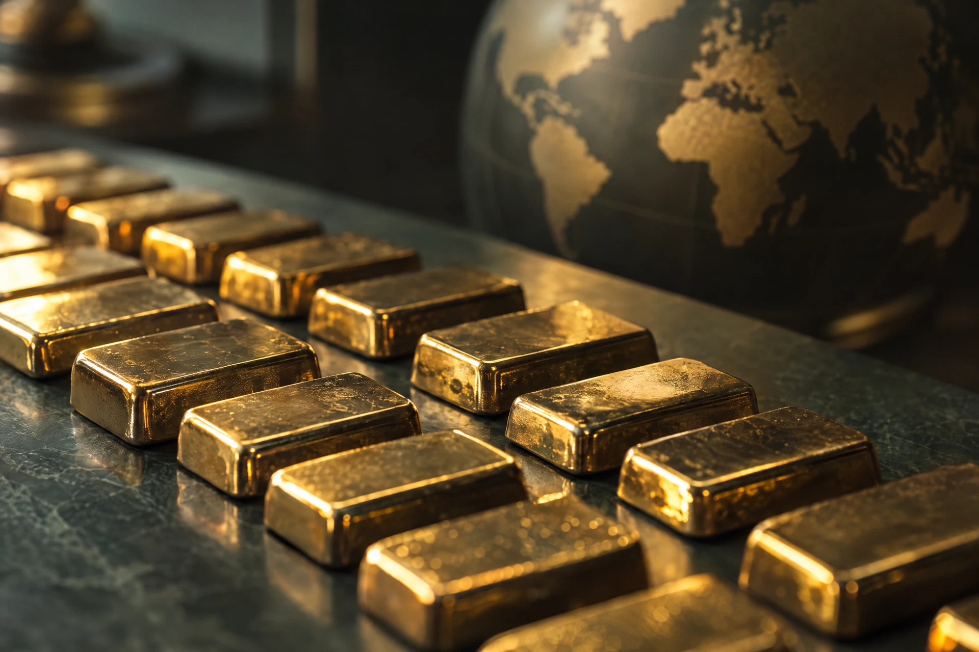 Rows of gold bullion bars beside an out-of-focus globe, illustrating global demand