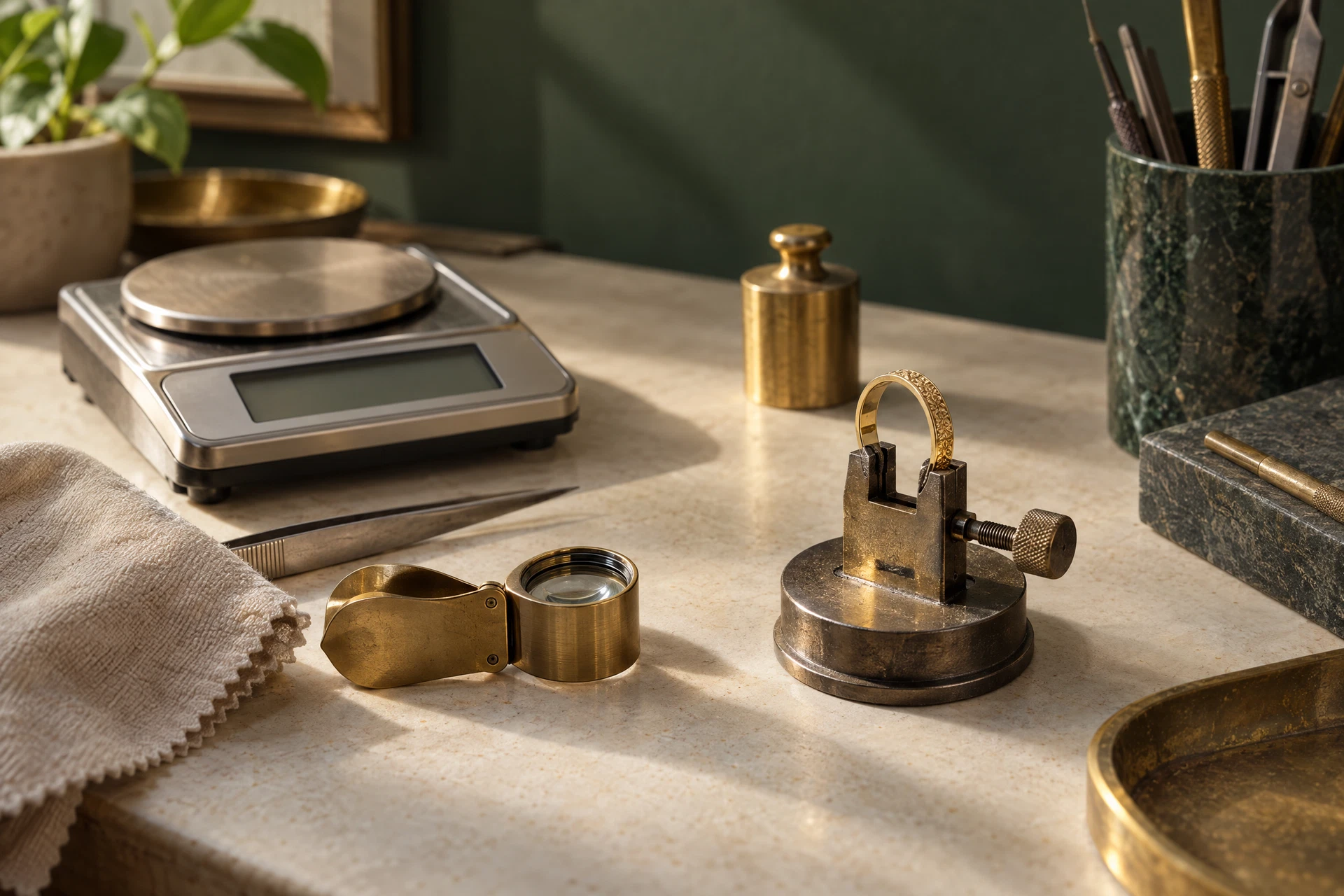 A gold ring in a jeweller’s clamp beside inspection tools and a jewellery scale